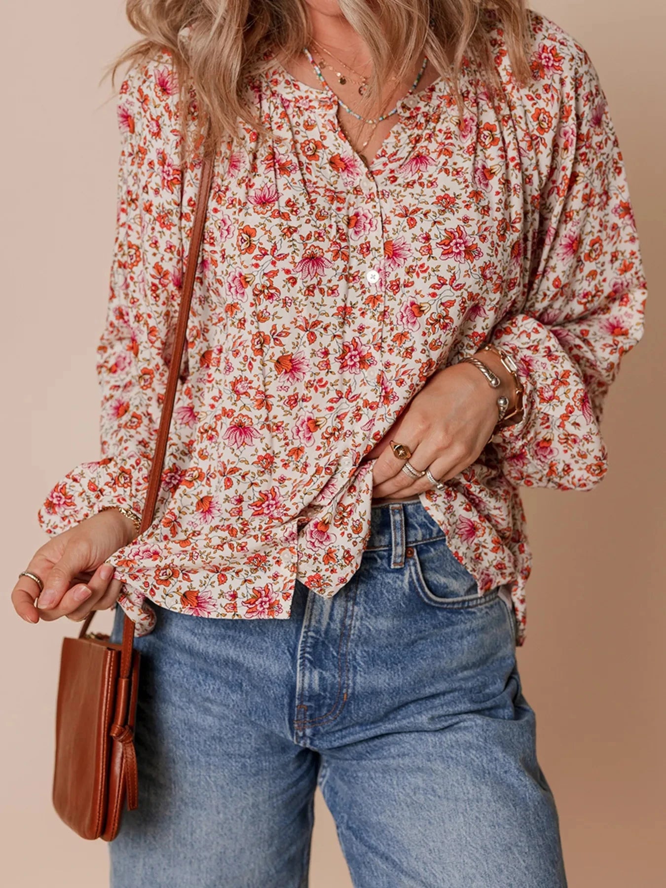 Floral Long Sleeve Button Down Blouse