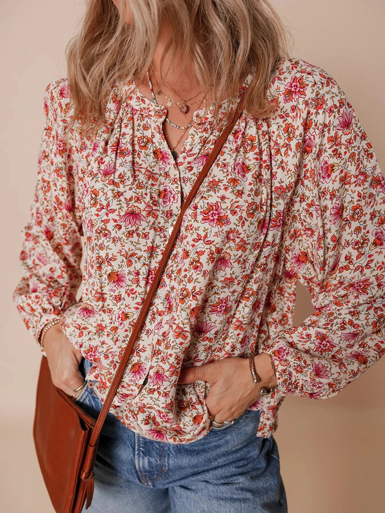Floral Long Sleeve Button Down Blouse