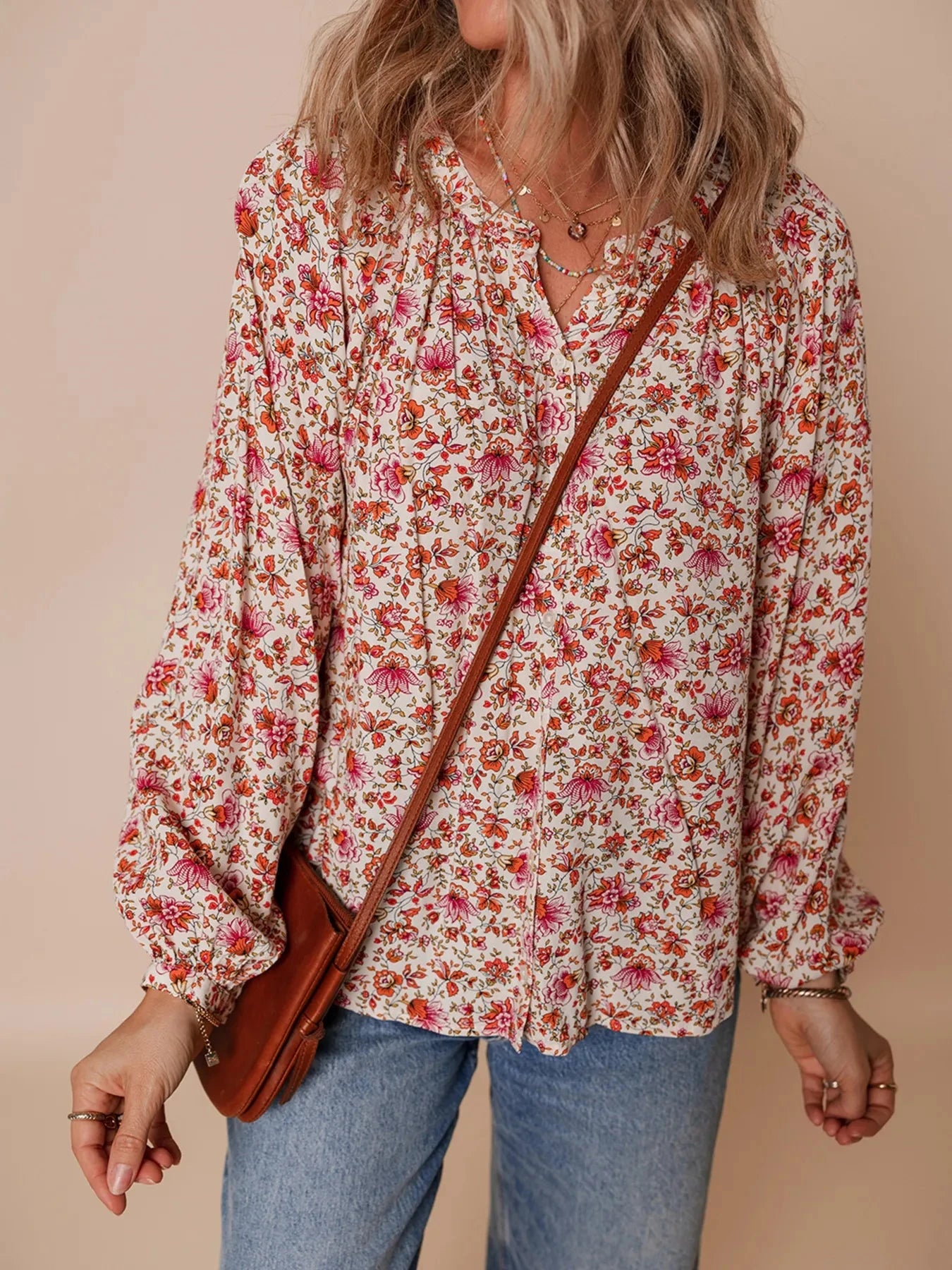 Floral Long Sleeve Button Down Blouse