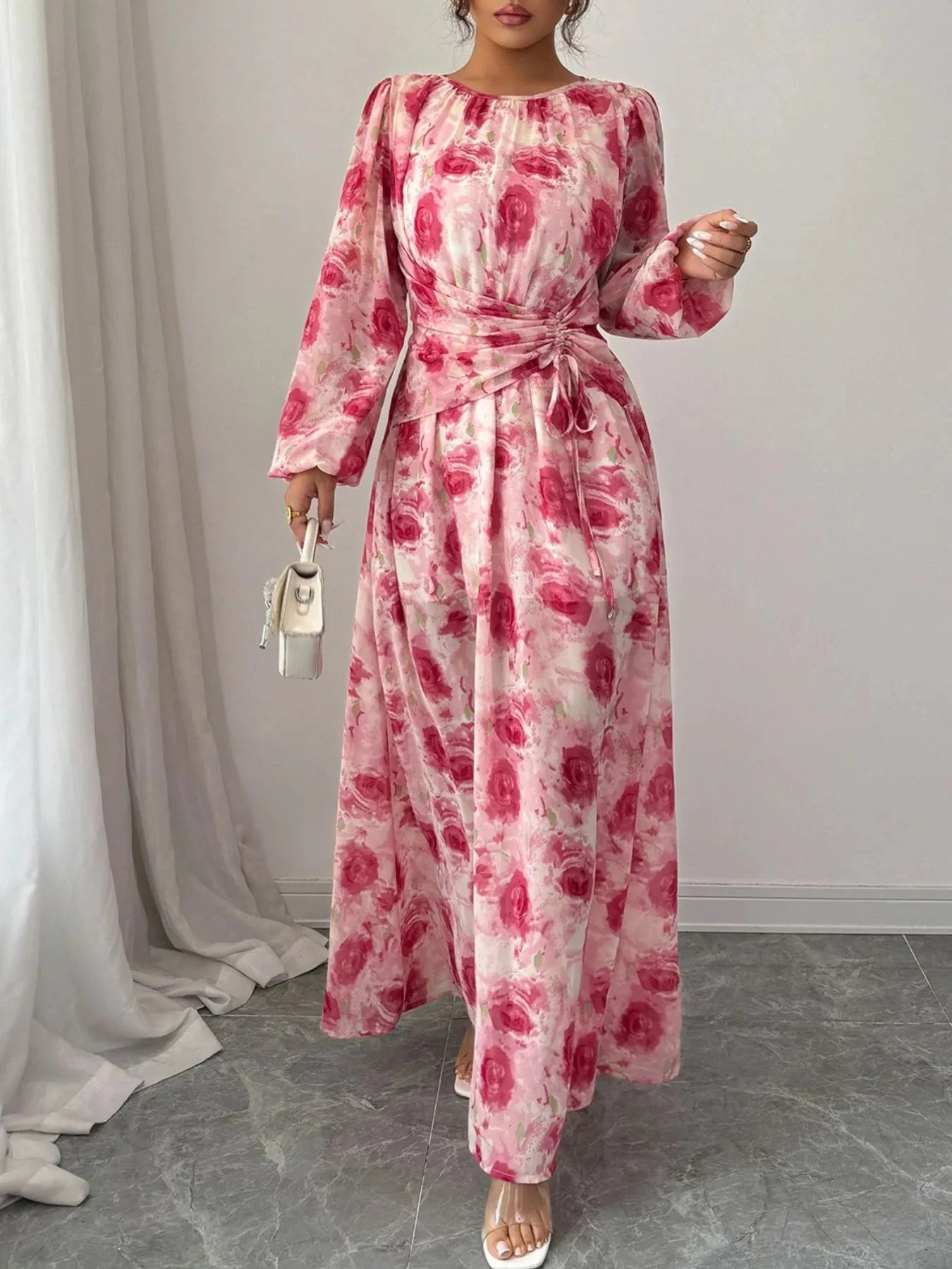 Floral Long Sleeve Maxi Dress with Drawstring Detail