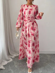 Floral Long Sleeve Maxi Dress with Drawstring Detail