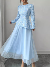 Floral Long Sleeve Tulle Dress Pastel Blue / S