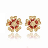 Floral Matisse Enamel Honeycomb Detailed Gold Earrings Red / Clip On