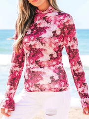 Floral Mesh Flounce Sleeve Mock Neck Blouse