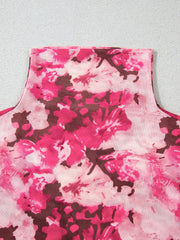 Floral Mesh Flounce Sleeve Mock Neck Blouse