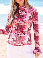 Floral Mesh Flounce Sleeve Mock Neck Blouse