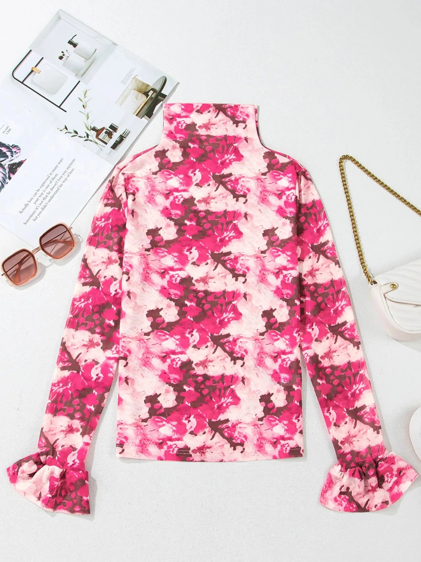Floral Mesh Flounce Sleeve Mock Neck Blouse
