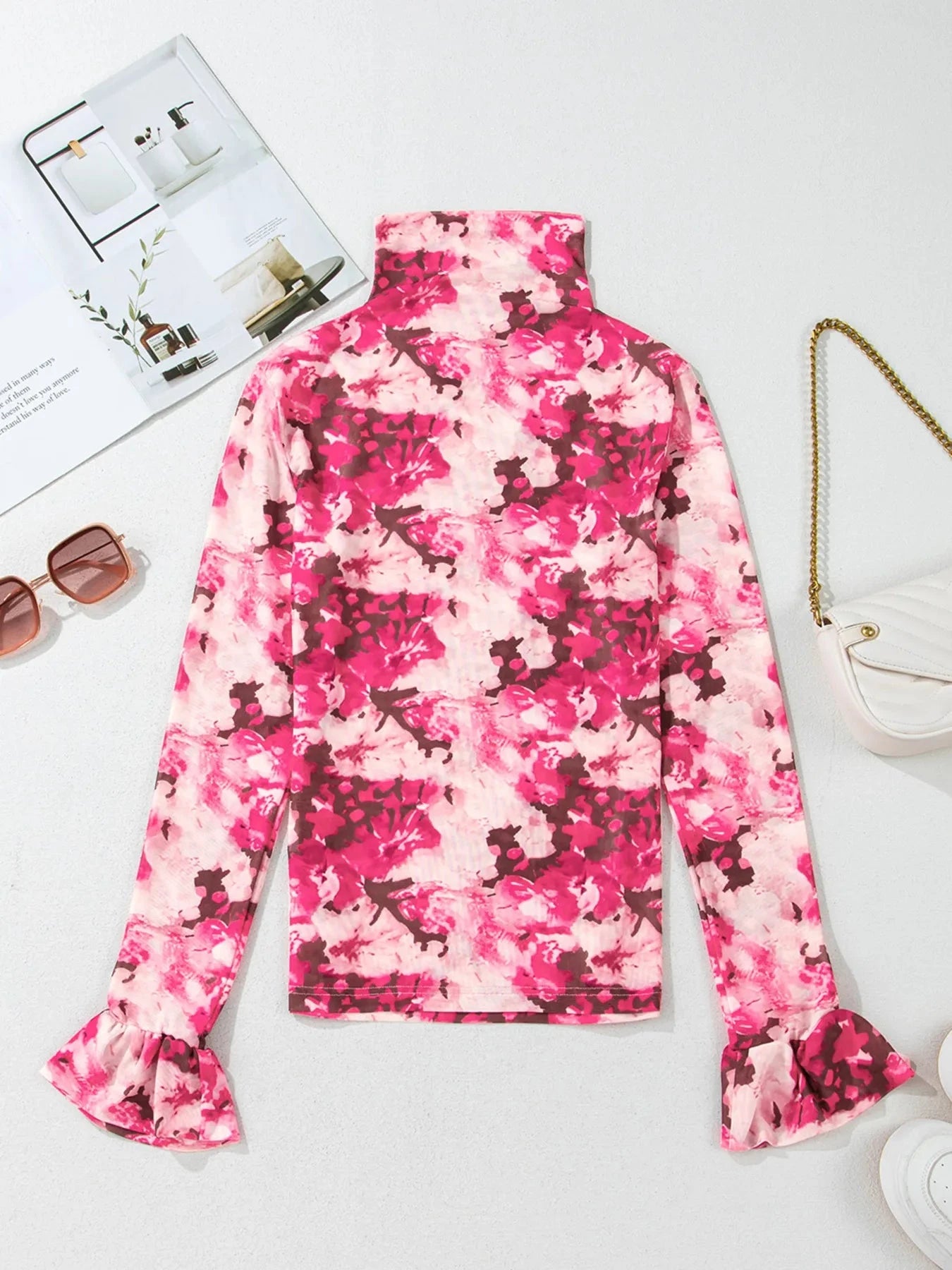 Floral Mesh Flounce Sleeve Mock Neck Blouse