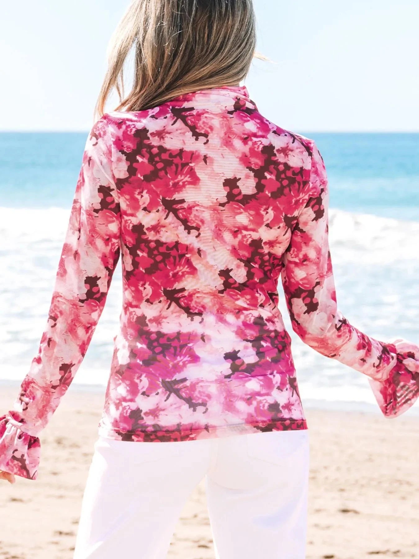 Floral Mesh Flounce Sleeve Mock Neck Blouse