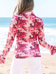 Floral Mesh Flounce Sleeve Mock Neck Blouse