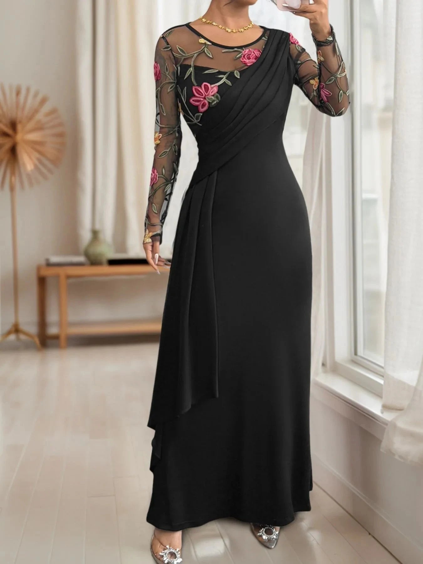 Floral Mesh Sleeve Ruched Maxi Dress