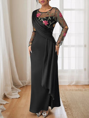 Floral Mesh Sleeve Ruched Maxi Dress