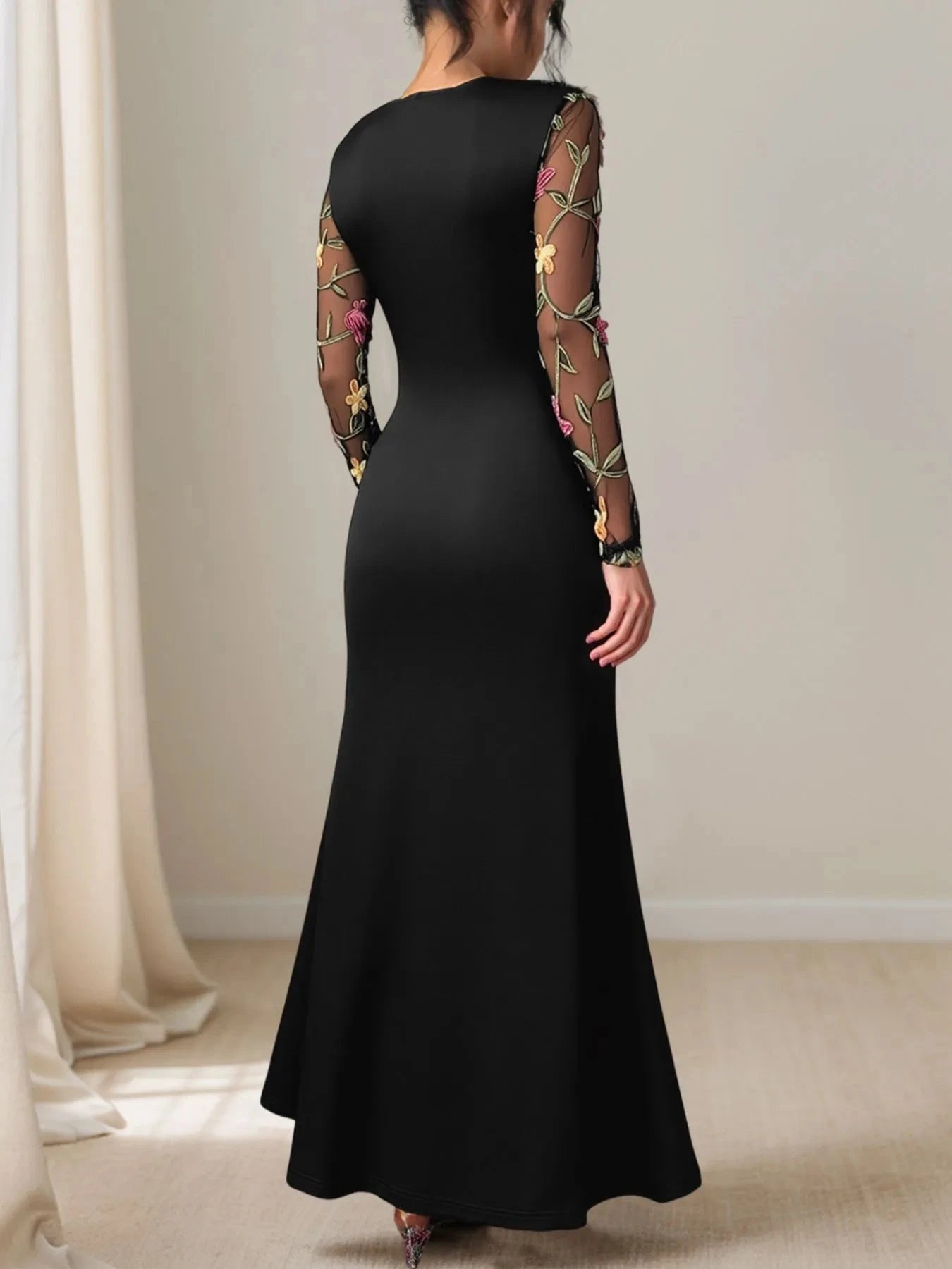 Floral Mesh Sleeve Ruched Maxi Dress