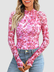 Floral Mock Neck Long Sleeve T-Shirt Fuchsia Pink / XL