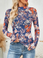 Floral Mock Neck Long Sleeve Top Light Indigo / M