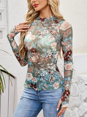 Floral Mock Neck Long Sleeve Top Teal / S