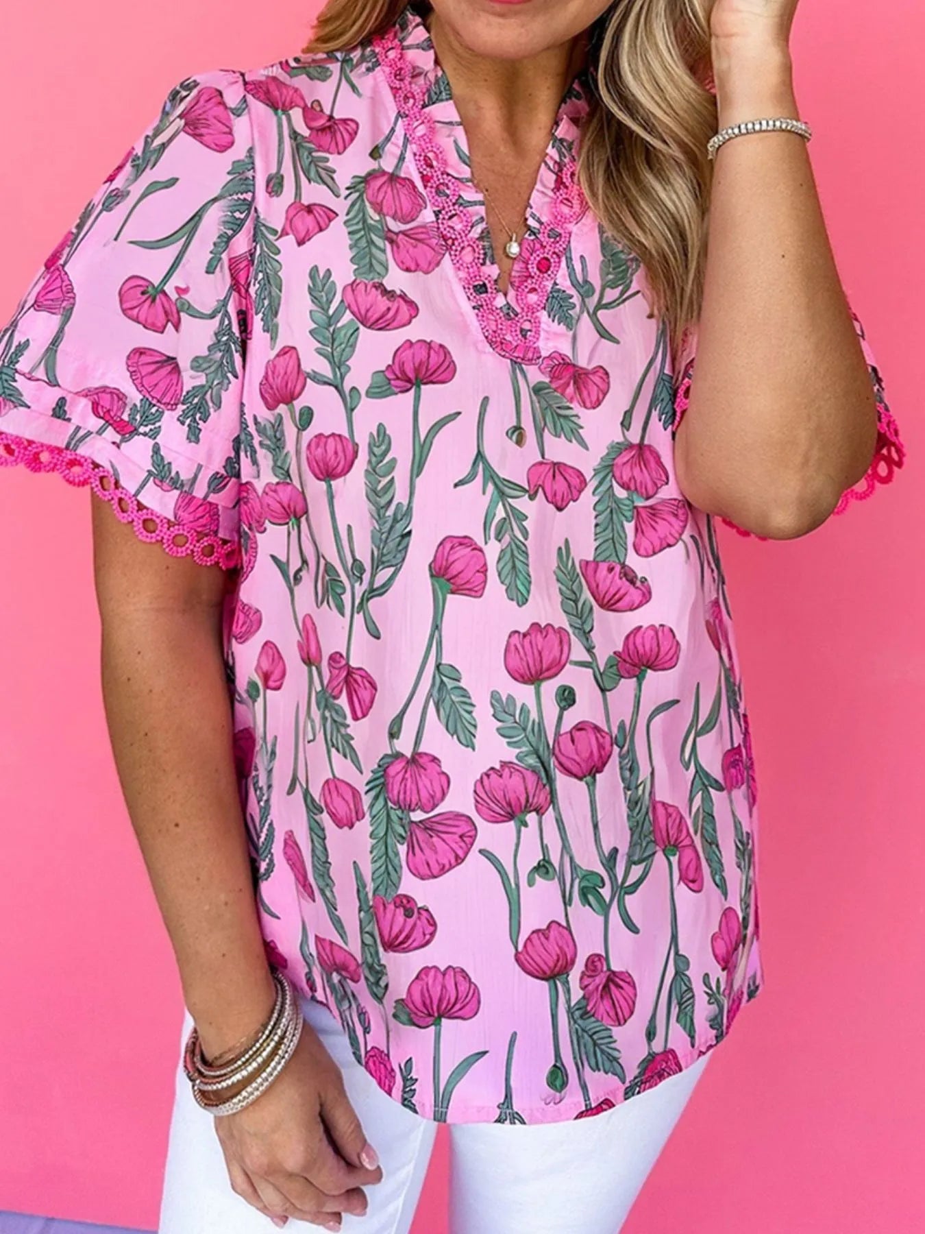 Floral Notched Short Sleeve Blouse