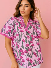Floral Notched Short Sleeve Blouse Fuchsia Pink / S