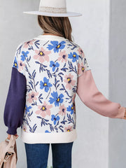 Floral Panel Colorblock Sleeve Patchwork Sweater