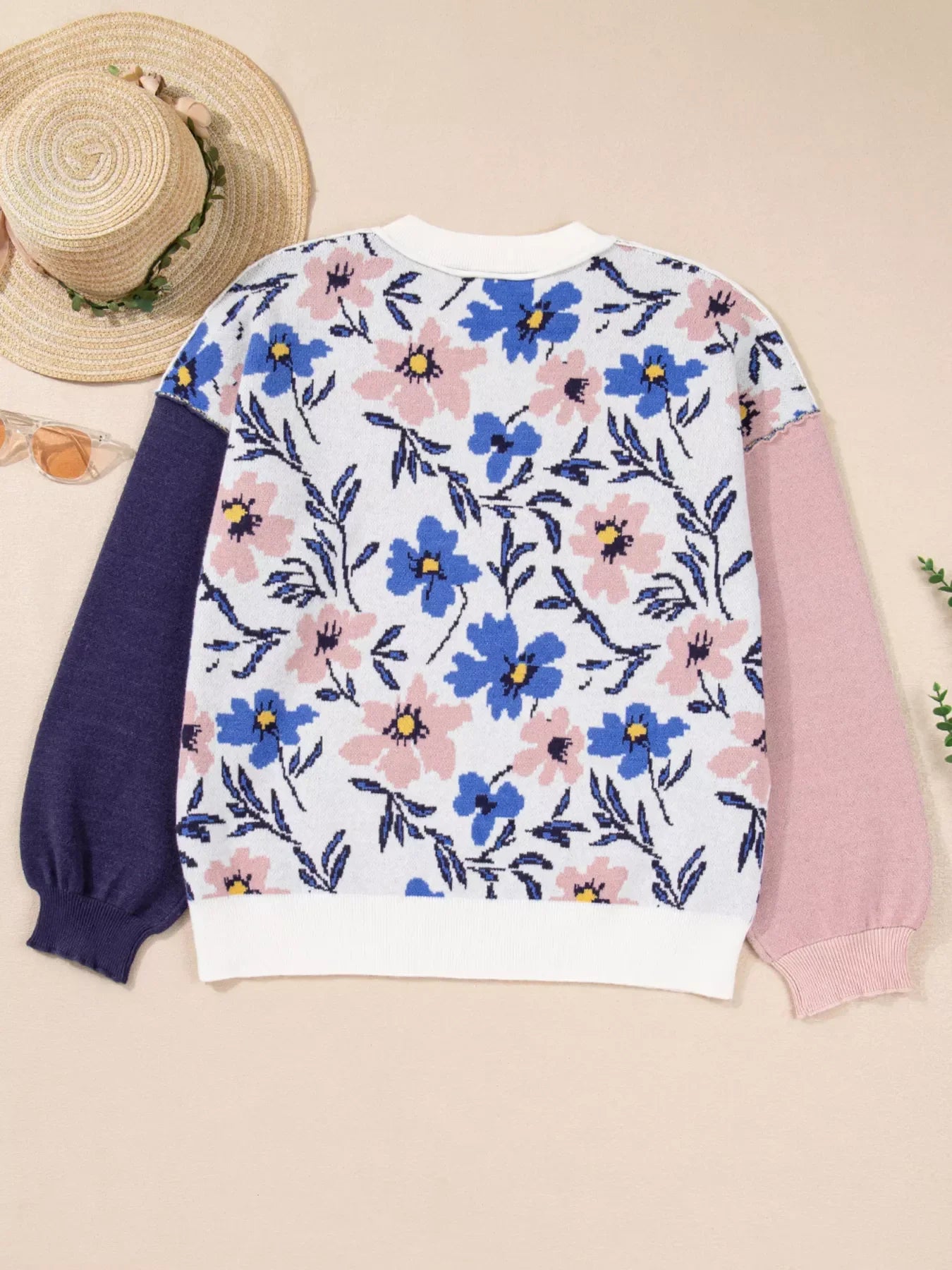 Floral Panel Colorblock Sleeve Patchwork Sweater
