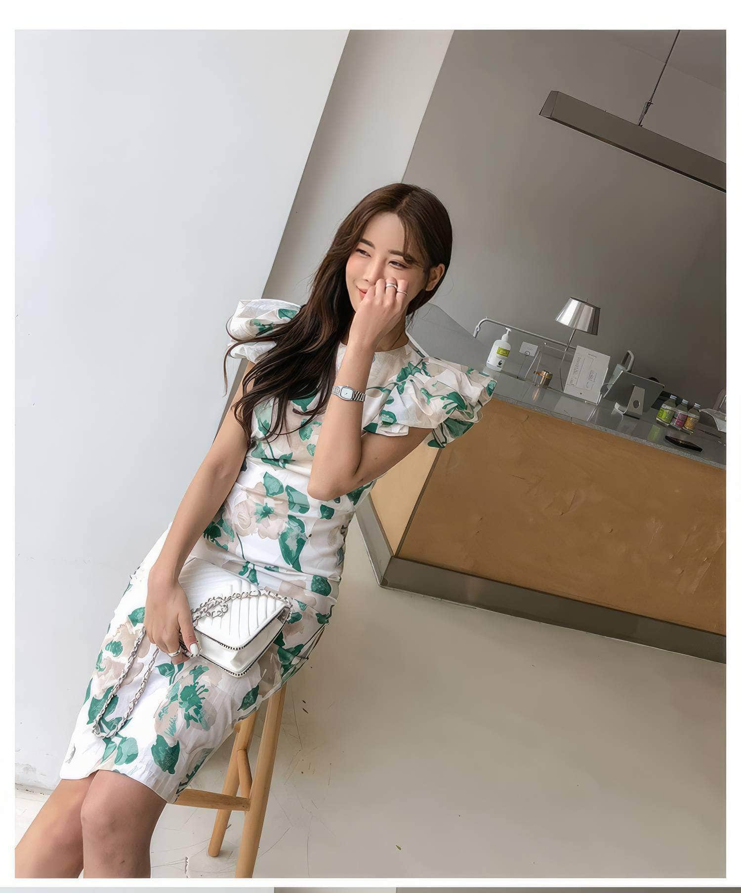 Floral Pattern Flounced Short Sleeves Dress
