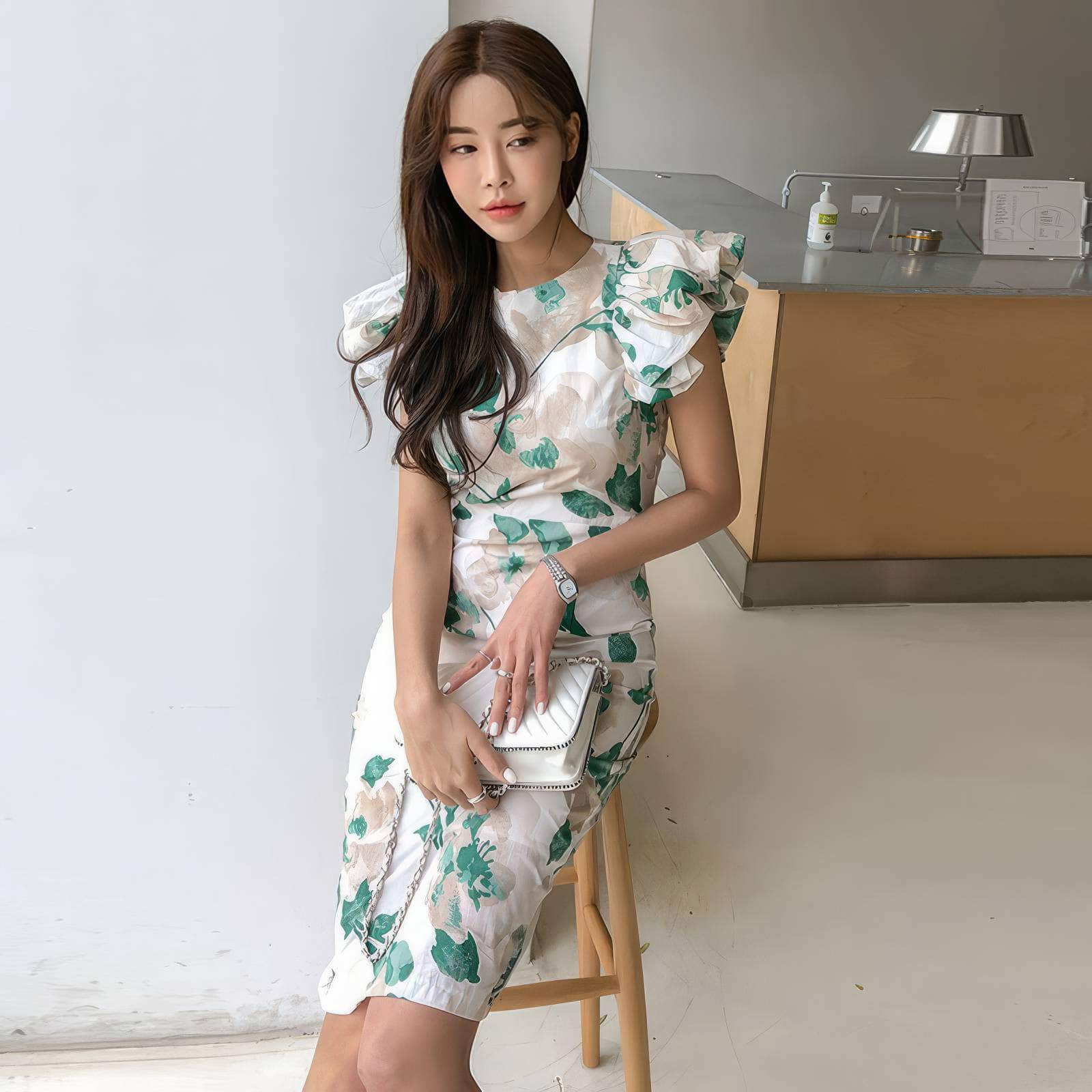 Floral Pattern Flounced Short Sleeves Dress