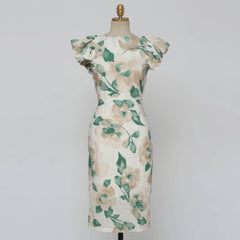 Floral Pattern Flounced Short Sleeves Dress
