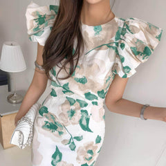 Floral Pattern Flounced Short Sleeves Dress