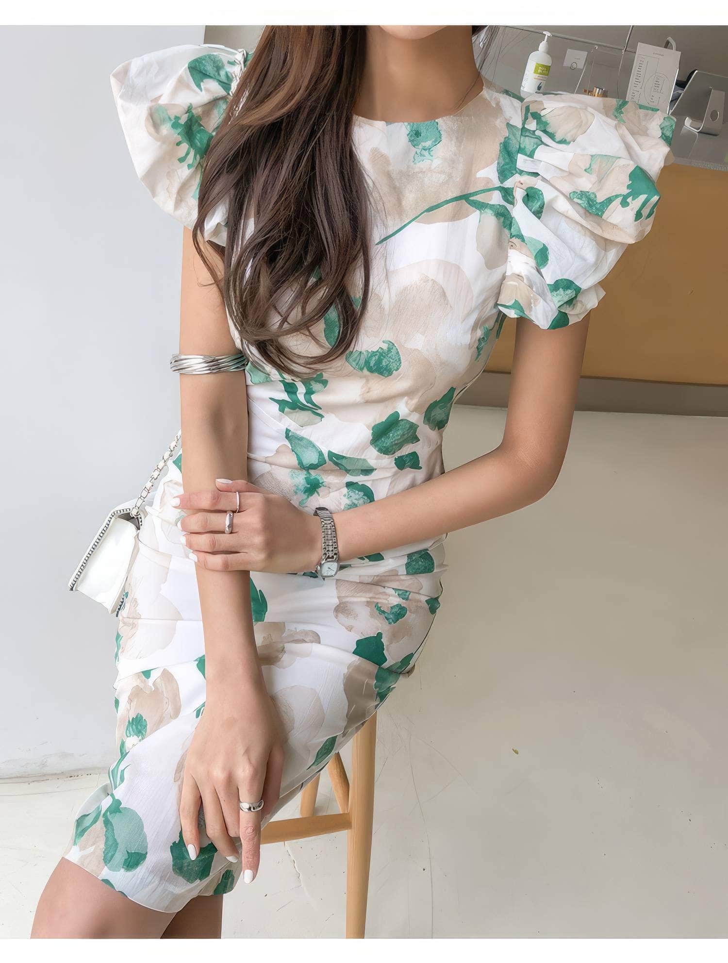 Floral Pattern Flounced Short Sleeves Dress