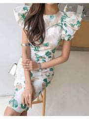 Floral Pattern Flounced Short Sleeves Dress