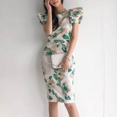 Floral Pattern Flounced Short Sleeves Dress
