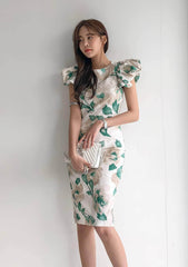 Floral Pattern Flounced Short Sleeves Dress S / Green