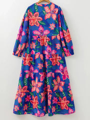 Floral Print 3/4 Sleeve V Neck Tiered Dress