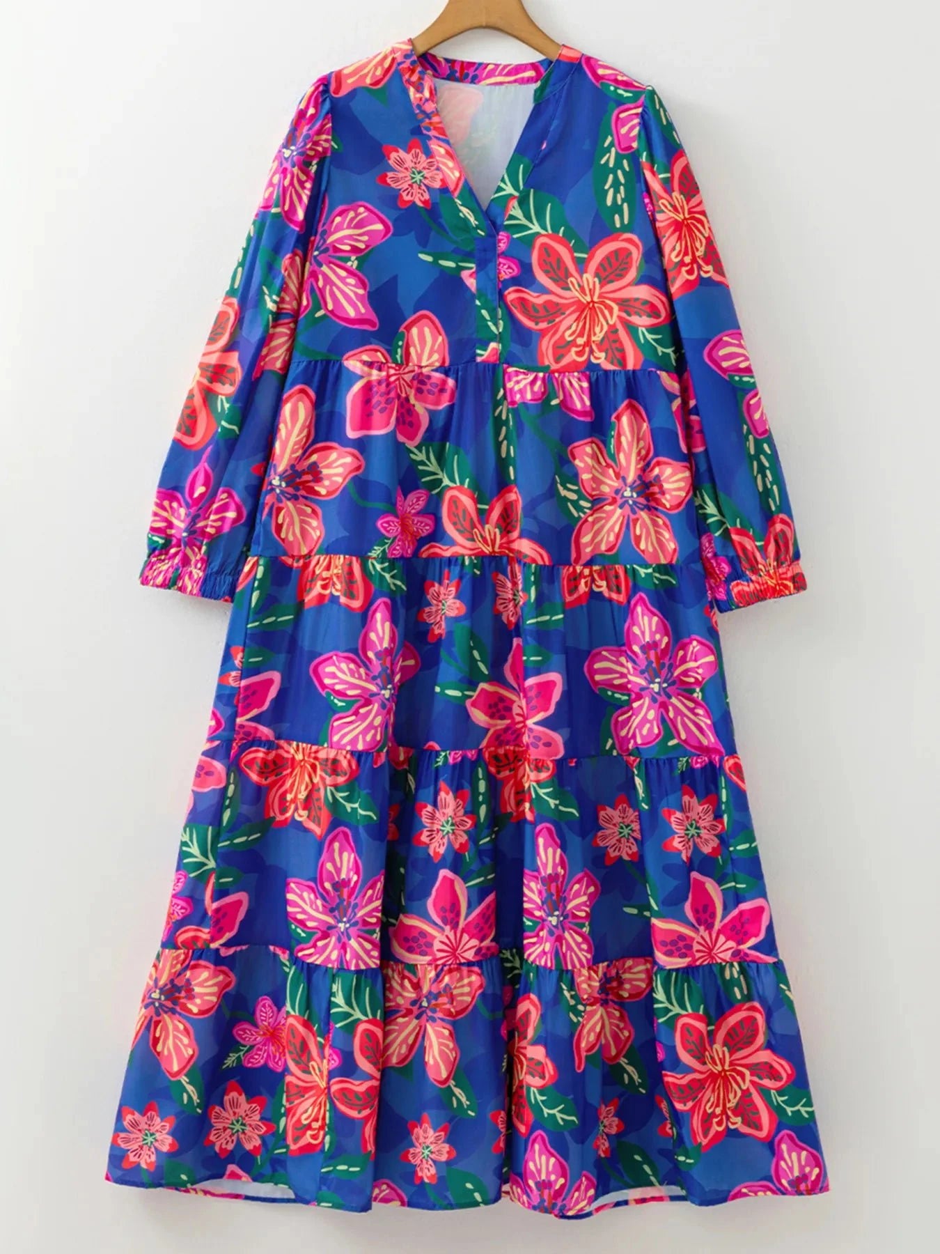 Floral Print 3/4 Sleeve V Neck Tiered Dress