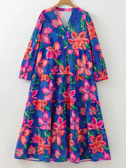 Floral Print 3/4 Sleeve V Neck Tiered Dress