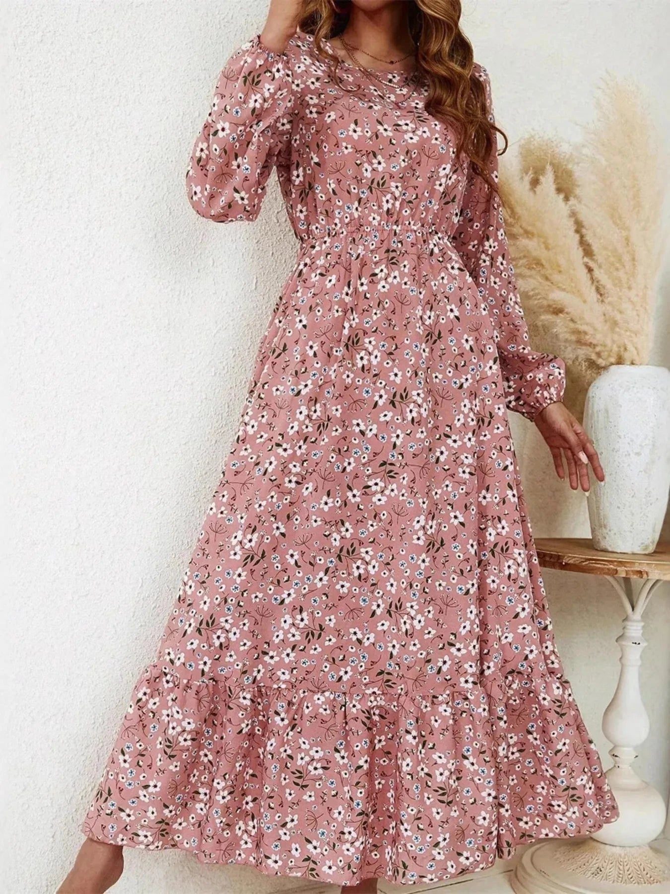 Floral Print Balloon Sleeve Maxi Dress Pink / S