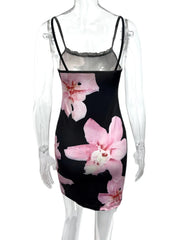 Floral Print Bodycon Cami Dress with Lace Trim