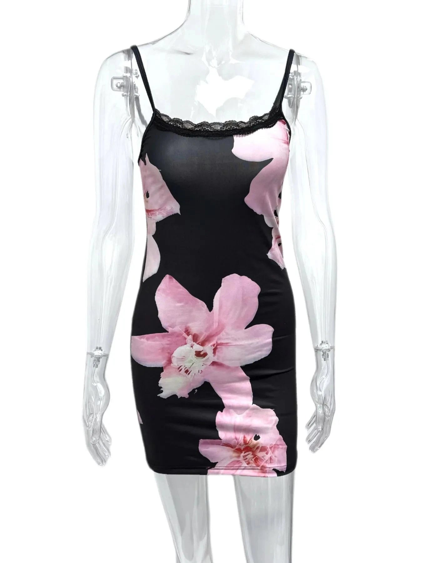 Floral Print Bodycon Cami Dress with Lace Trim