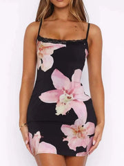 Floral Print Bodycon Cami Dress with Lace Trim