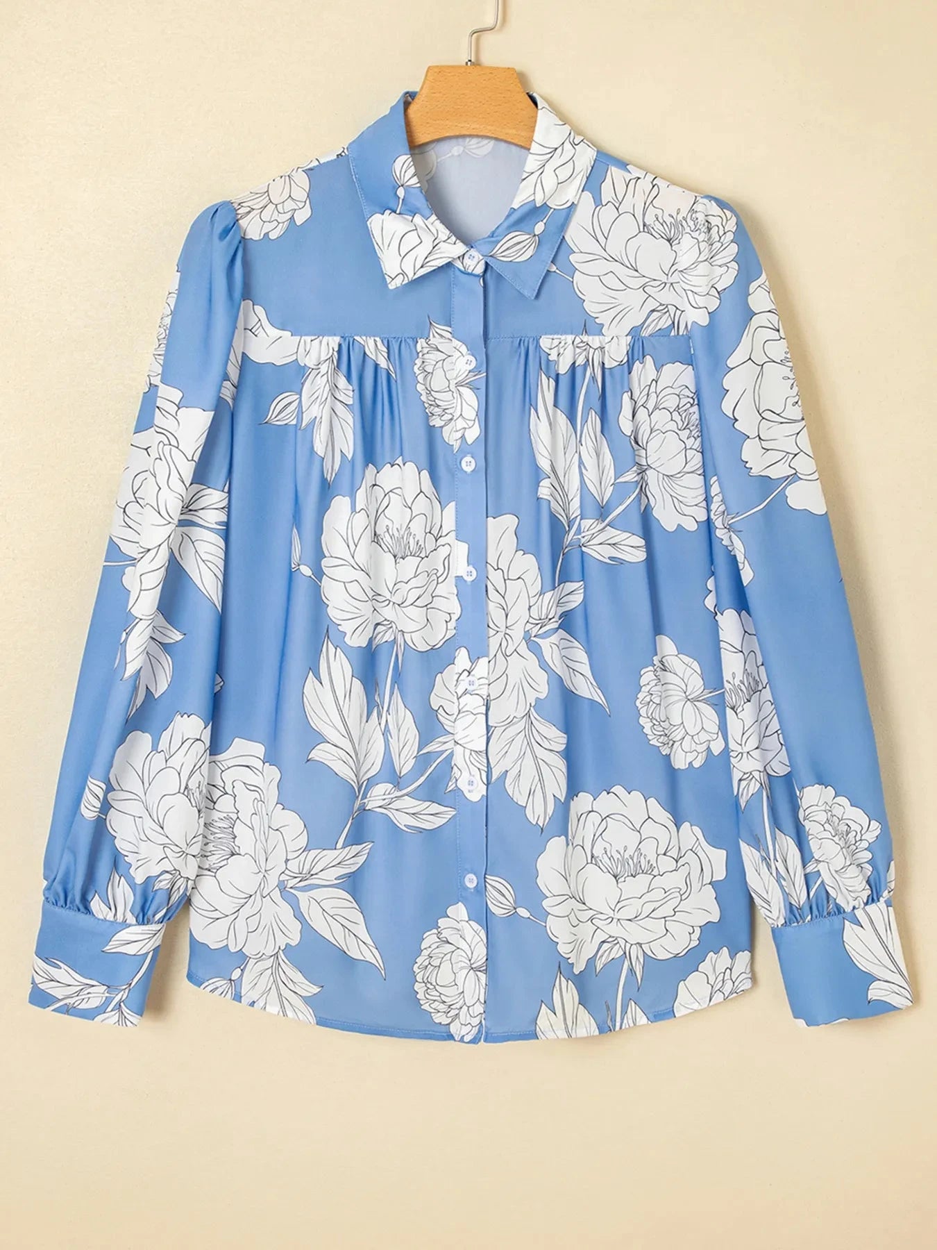 Floral Print Button Up Pleated Detail Puff Sleeve Shirt