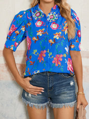 Floral Print Button-Up Short Sleeve Shirt Blue / S