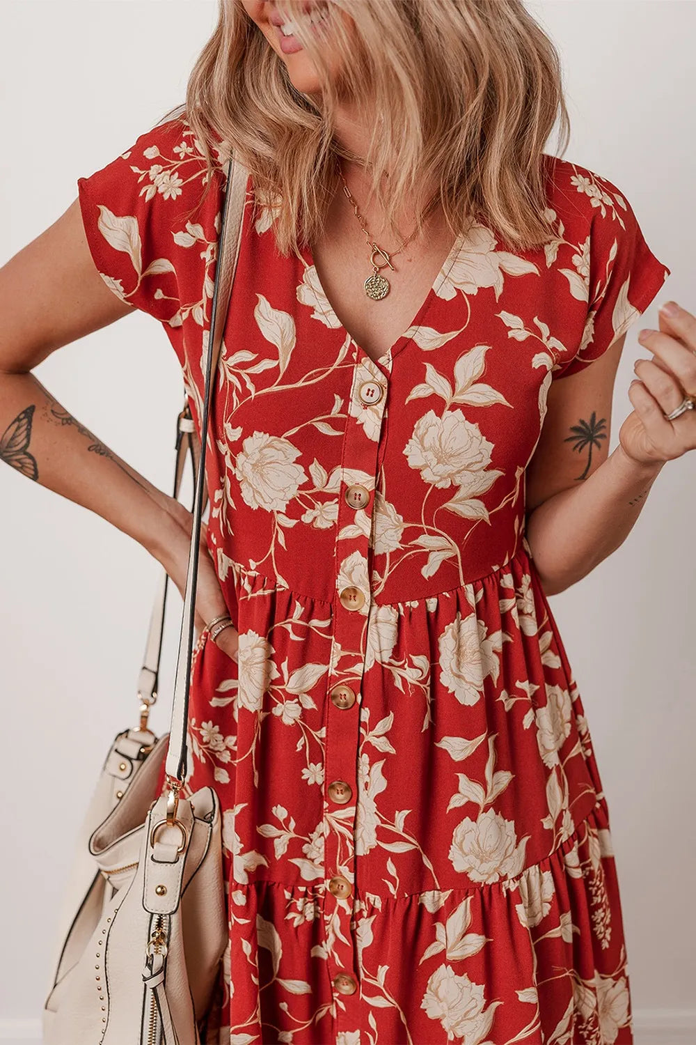 Floral Print Buttoned Front V Neck Tiered Short Sleeve Midi Dress