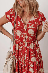 Floral Print Buttoned Front V Neck Tiered Short Sleeve Midi Dress