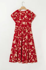 Floral Print Buttoned Front V Neck Tiered Short Sleeve Midi Dress
