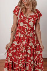 Floral Print Buttoned Front V Neck Tiered Short Sleeve Midi Dress