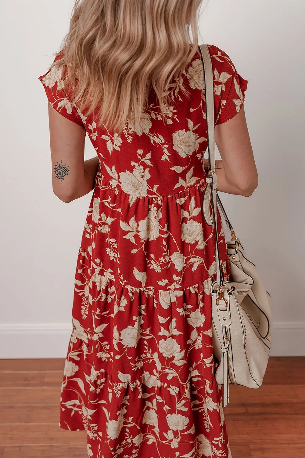 Floral Print Buttoned Front V Neck Tiered Short Sleeve Midi Dress