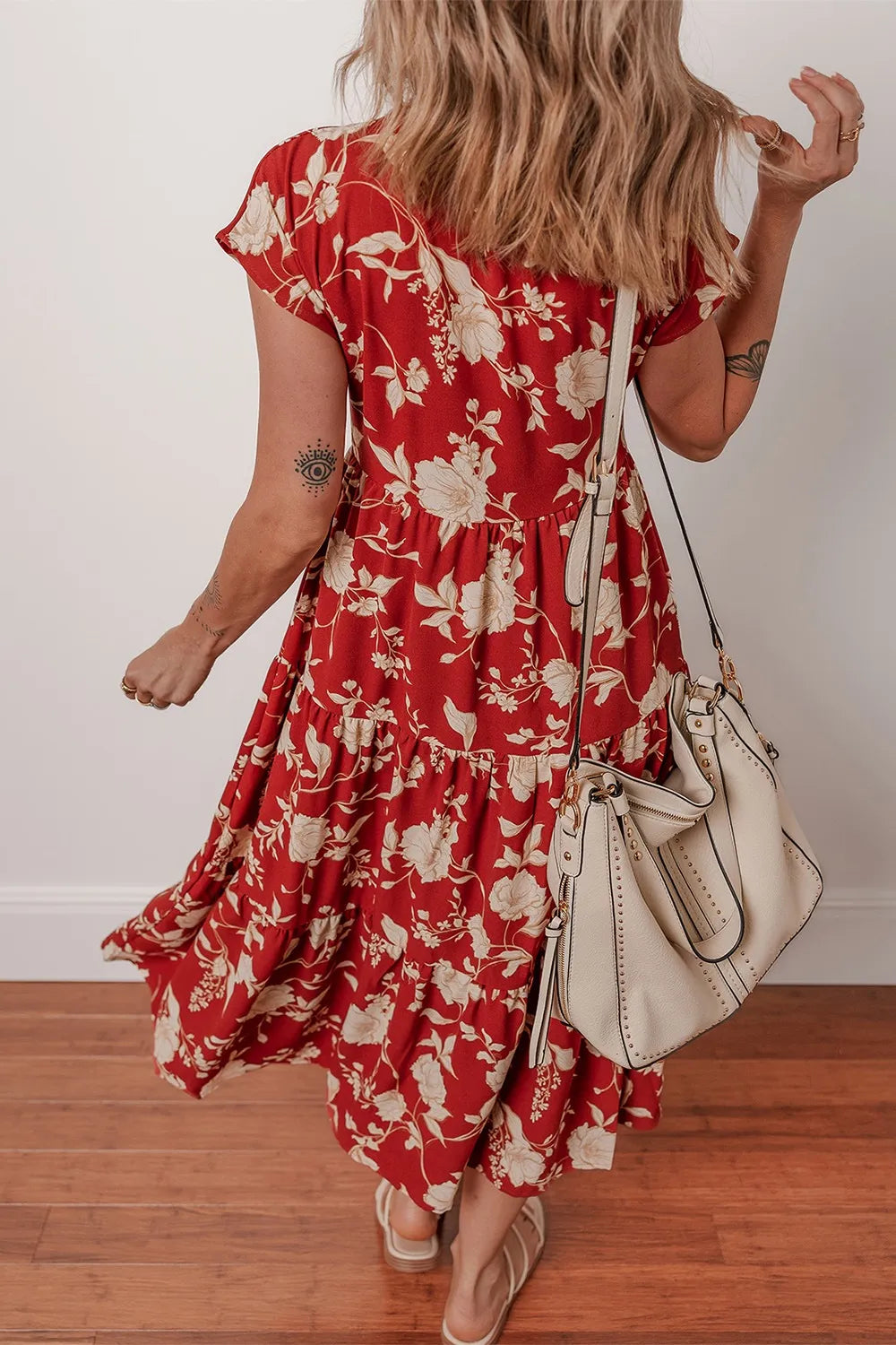 Floral Print Buttoned Front V Neck Tiered Short Sleeve Midi Dress