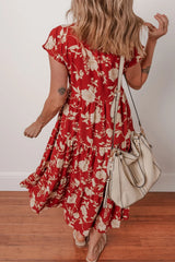 Floral Print Buttoned Front V Neck Tiered Short Sleeve Midi Dress
