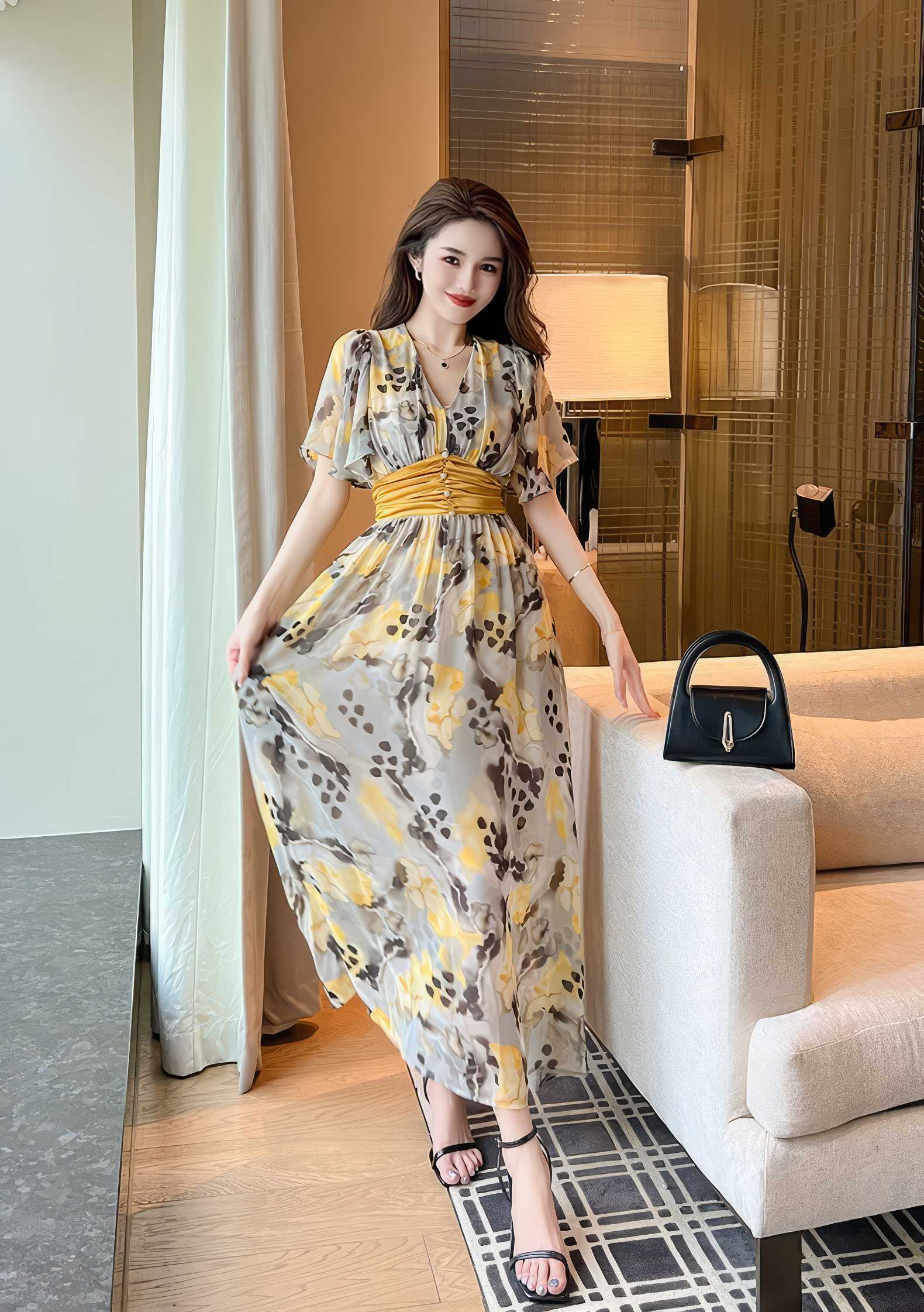 Floral Print Empire Waist Maxi Dress