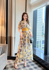 Floral Print Empire Waist Maxi Dress S / Yellow